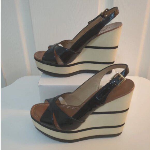 Kate Spade Shoes - Kate Spade Black & Cream Striped Platform Shoes, Size 6.5, EUC